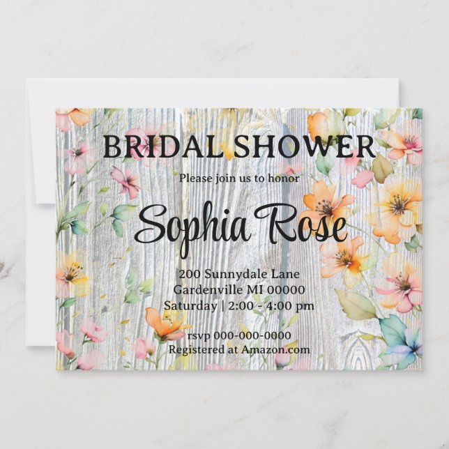 Pretty orange wildflower rustic bridal shower invitation (Front)