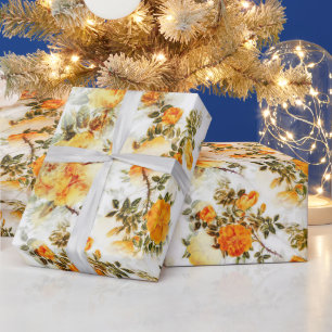 PRETTY ORANGE & YELLOW FLORAL ON WHITE WRAPPING PAPER