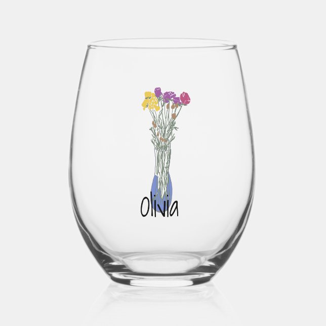 Pretty Original Flower Illustration Stemless Wine Glass (Front)