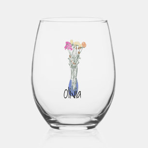 Pretty Original Flower Illustration Stemless Wine Glass