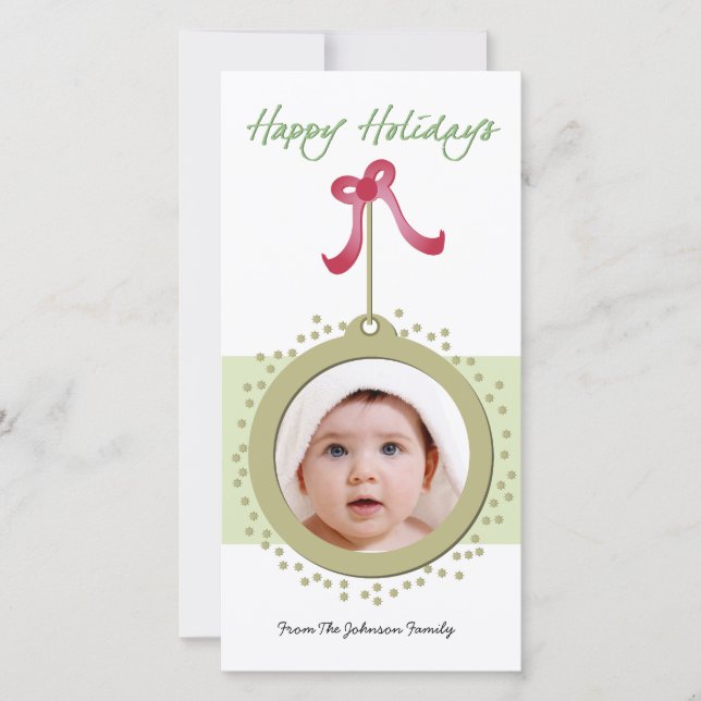 Pretty Ornament with red bow holiday photocard Card (Front)
