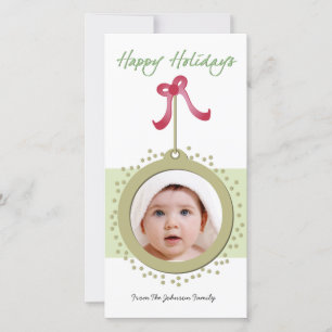 Pretty Ornament with red bow holiday photocard Card