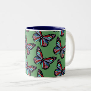 Pretty Ornate Colorful Butterflies on Green Two-Tone Coffee Mug