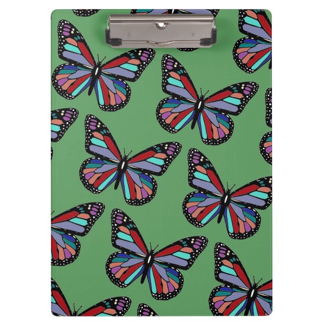 Pretty Ornate Colorful Butterfly Pattern on Green Clipboard (Front)