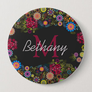 Pretty Ornate Dark Floral Pattern Personalised 10 Cm Round Badge