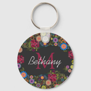 Pretty Ornate Dark Floral Pattern Personalised Key Ring