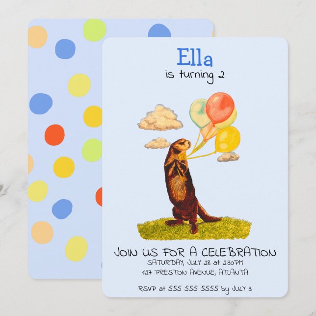 Pretty Otter Holding Party Balloons Invitation (Front/Back)