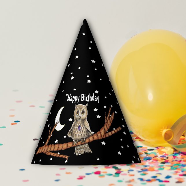 Pretty Owl Gold eyes Purple Crystal Moon Stars Party Hat (Pretty owl purple crystal necklace on branch moon stars on Happy Birthday black paper party hat.)