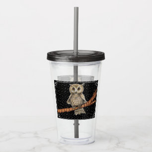 Pretty Owl Necklace on Branch Stars White Border Acrylic Tumbler