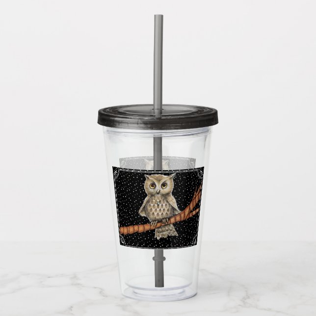 Pretty Owl Necklace on Branch Stars White Border Acrylic Tumbler (Front)