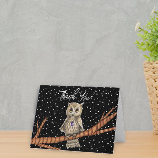Pretty Owl on Branch Purple Necklace Stars Black Thank You Card