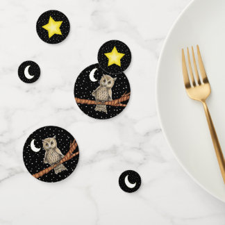 Pretty Owl Wearing Necklace on Black Stars Moon Confetti
