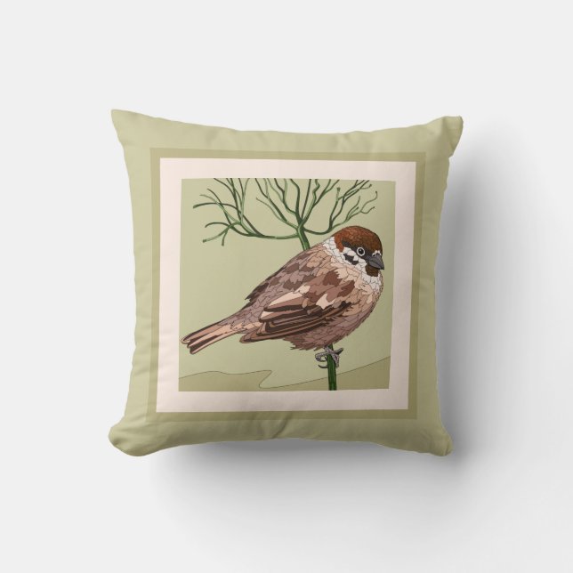 Pretty Painted Bird (Carolina Wren) on Taupe Cushion (Front)
