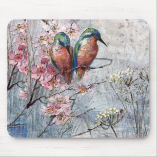 Pretty Painted Blue Birds and Flowers Mouse Mat