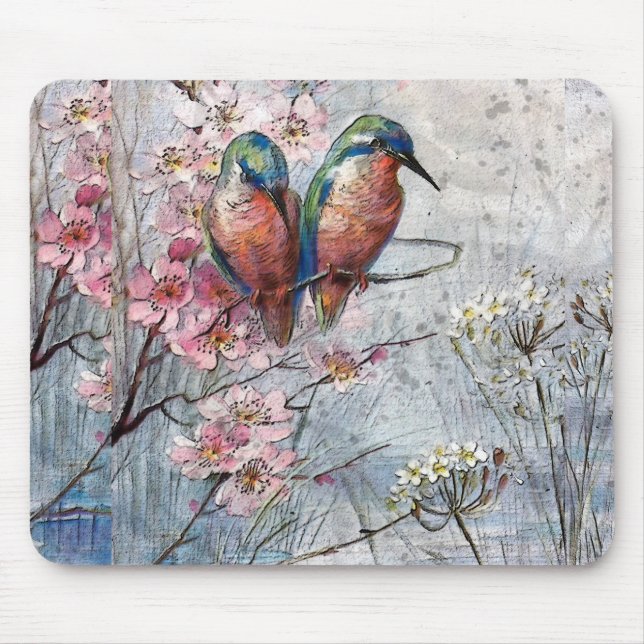 Pretty Painted Blue Birds and Flowers  Mouse Mat (Front)