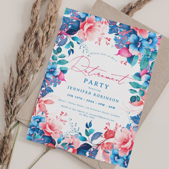 Pretty Painted Blue & Pink Floral Retirement Party Invitation (Pretty Painted Blue & Pink Floral Retirement Party Invitation)