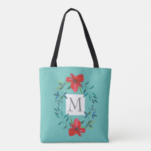 pretty painted flower on blue add monogram tote bag