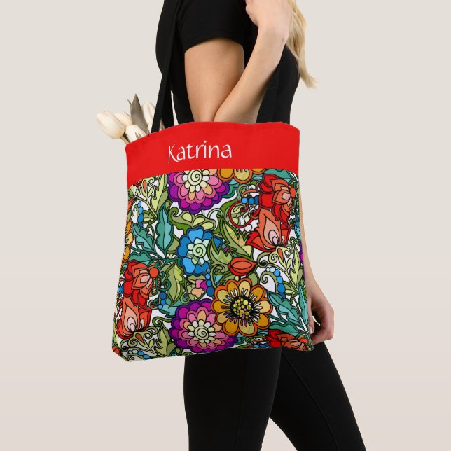 Pretty painted flowers, personalised tote bag (Close Up)