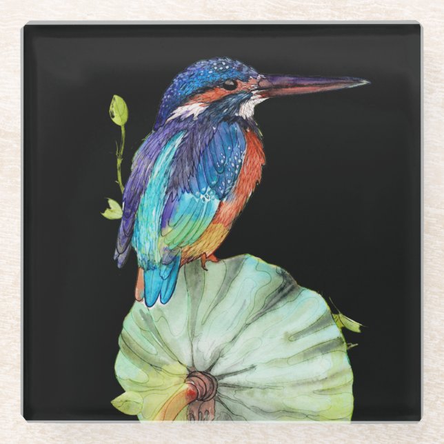 Pretty painted hummbingbird on black glass coaster (Front)