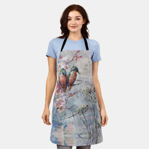 Pretty Painted Kingfishers and Flowers Apron