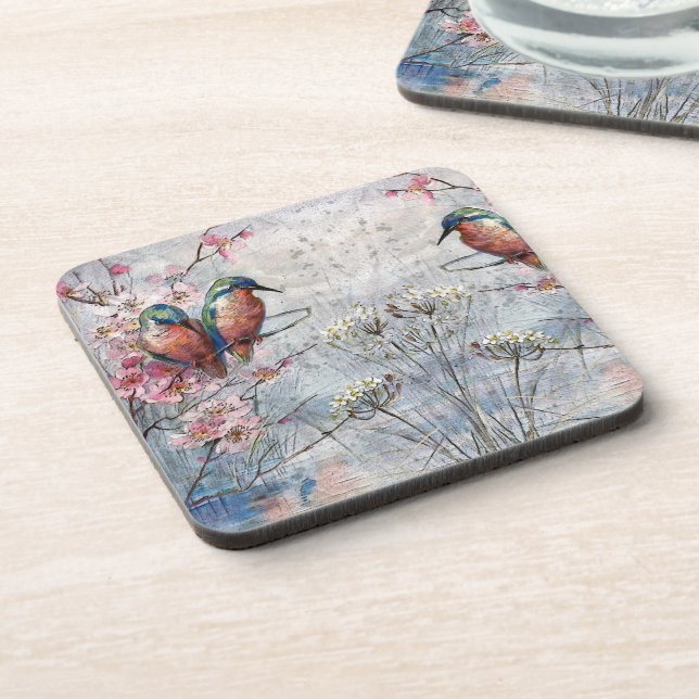 Pretty Painted Kingfishers and Flowers Coaster (Left Side)