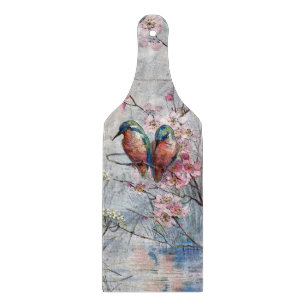 Pretty Painted Kingfishers and Flowers Cutting Board