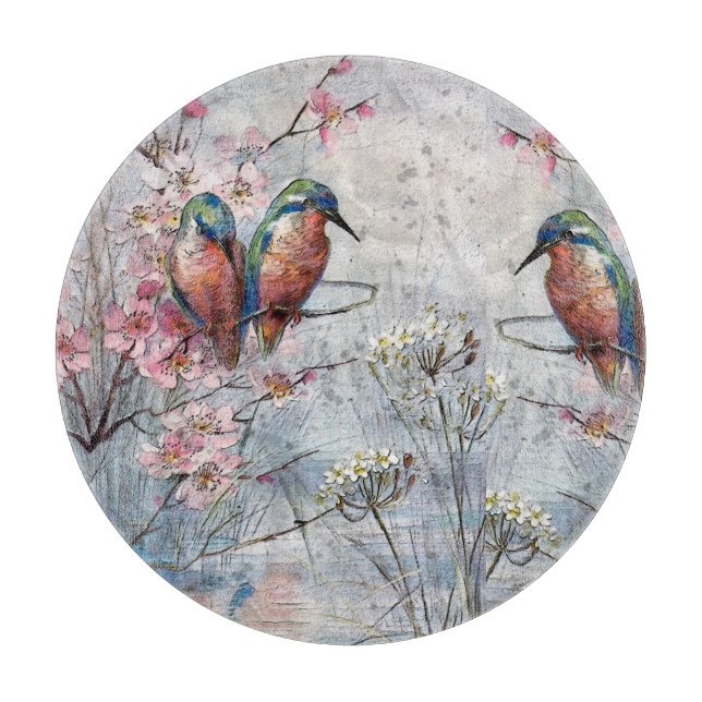 Pretty Painted Kingfishers and Flowers  Cutting Board (Front)