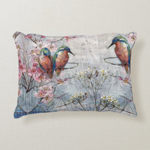 Pretty Painted Kingfishers and Flowers Decorative Cushion