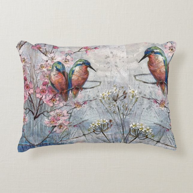 Pretty Painted Kingfishers and Flowers  Decorative Cushion (Front)
