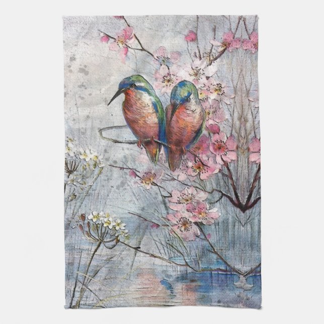 Pretty Painted Kingfishers and Flowers Tea Towel (Vertical)