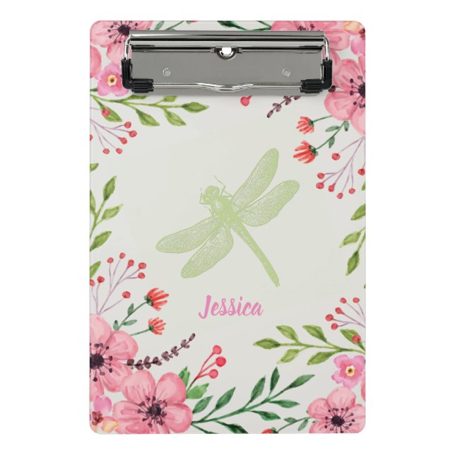 Pretty Painted Pink Flowers with Green Dragonfly Mini Clipboard (Front)