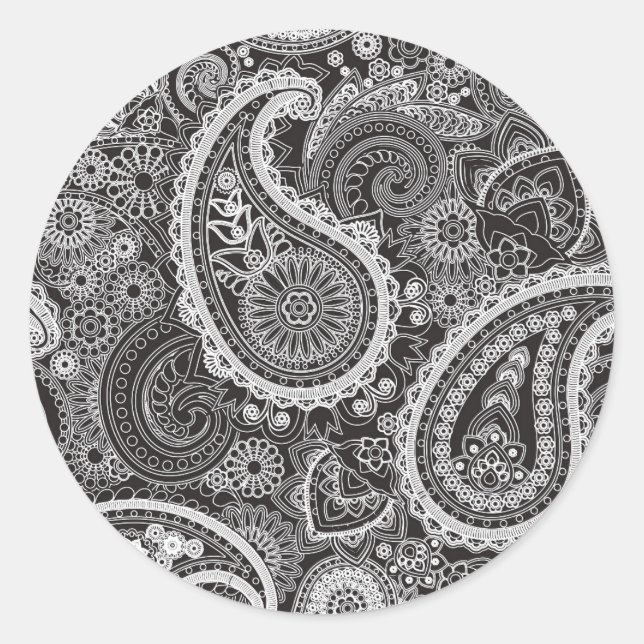 Pretty Paisley Black White Pattern Classic Round Sticker (Front)