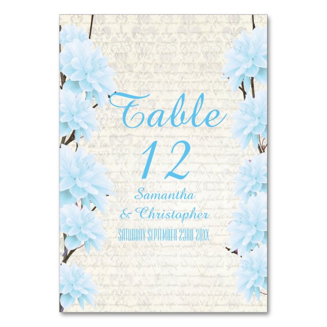 Pretty pale blue floral flower blossom wedding table number (Front)