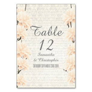 Pretty pale peach floral flower blossom wedding table number