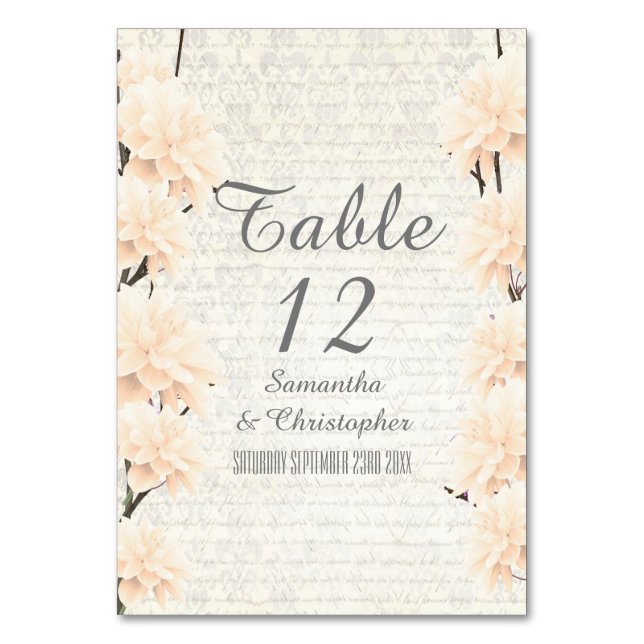 Pretty pale peach floral flower blossom wedding table number (Front)