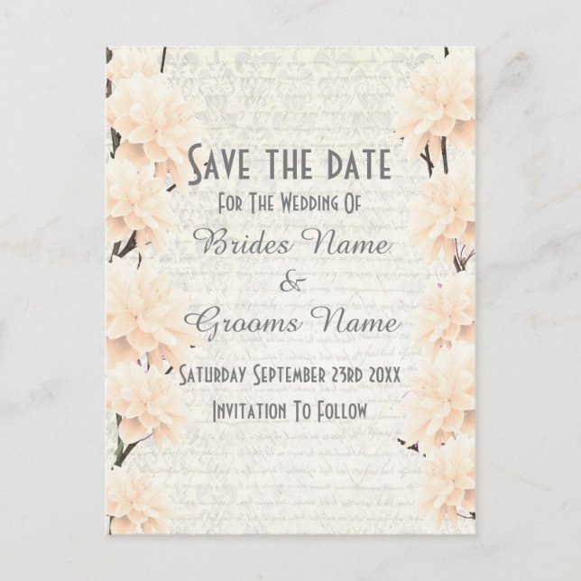 Pretty pale peach floral save the date announcement postcard (Front)