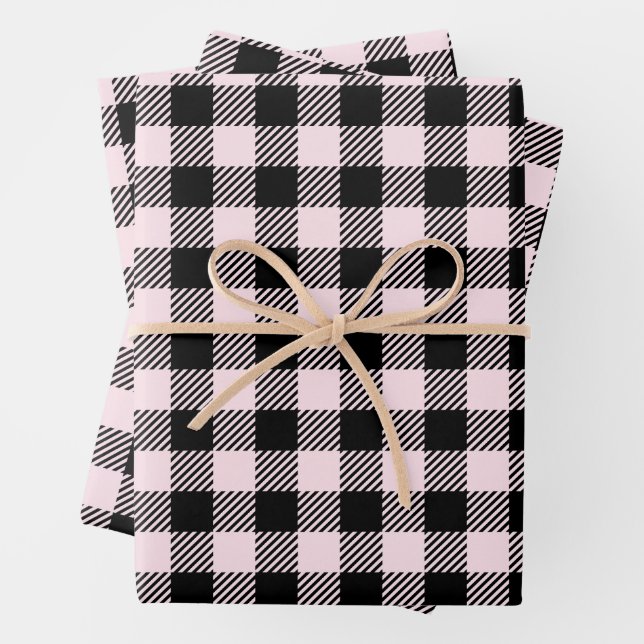 Pretty Pale Pink And Black Buffalo Plaid  Wrapping Paper Sheet (In situ)