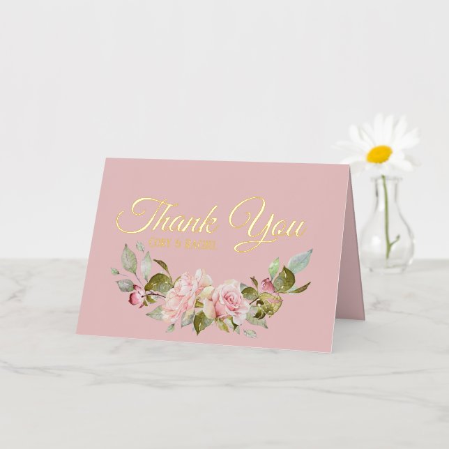 Pretty Pale Purple Pink Roses Wedding Thank You Foil Greeting Card (Small Flower)
