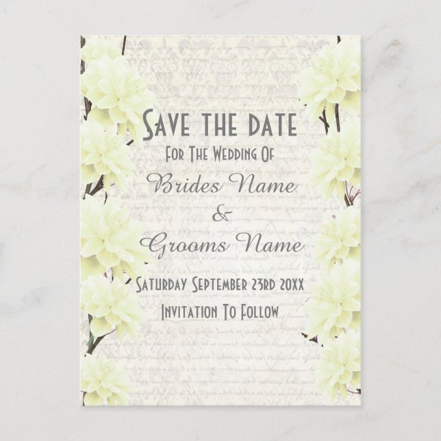 Pretty pale yellow floral save the date announcement postcard (Front)
