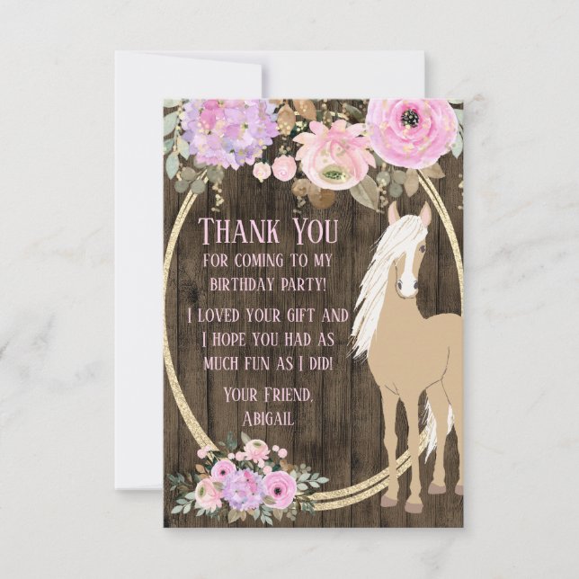 Pretty Palomino Horse and Flowers on Barnwood Thank You Card (Front)