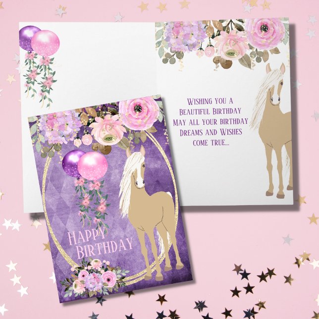 Pretty Palomino Pink Purple Flowers Horse Birthday Card (Creator Uploaded)