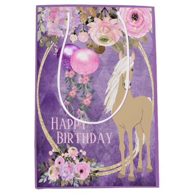 Pretty Palomino Pink Purple Flowers Horse Birthday Medium Gift Bag (Front)