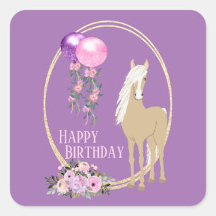 Pretty Palomino Pink Purple Flowers Horse Birthday Square Sticker