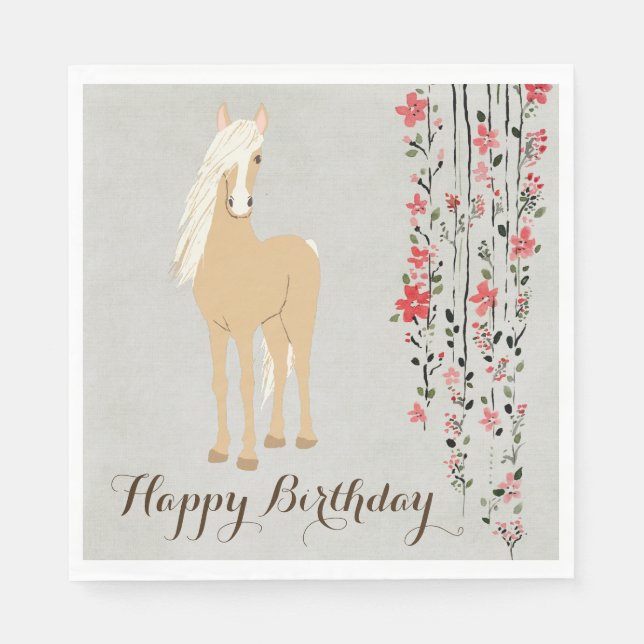 Pretty Palomino Pony Flowers Horse Happy Birthday Napkin (Front)