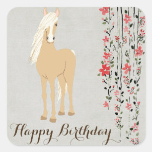 Pretty Palomino Pony Flowers Horse Happy Birthday Square Sticker