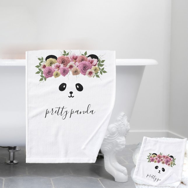 Pretty Panda Bear Animal Custom Bath Towel Set (Pretty Panda Bath Towel set with space for your name)