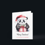 Pretty Panda Santa Merry Christmas Card<br><div class="desc">Pretty Panda Santa Merry Christmas Greeting Card. Kawaii style black,  white and red colours panda bear with Santa hat and a holiday gift. Personalised text.</div>