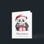 Pretty Panda Santa Merry Christmas Card<br><div class="desc">Pretty Panda Santa Merry Christmas Greeting Card. Kawaii style black,  white and red colours panda bear with Santa hat and a holiday gift. Personalised text.</div>