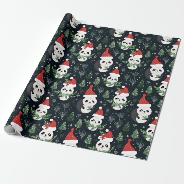 Pretty Panda Santa Winter holiday pattern  Wrapping Paper (Unrolled)