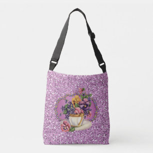 Pretty Pansies in Teacup Lavender Faux Glitter Crossbody Bag